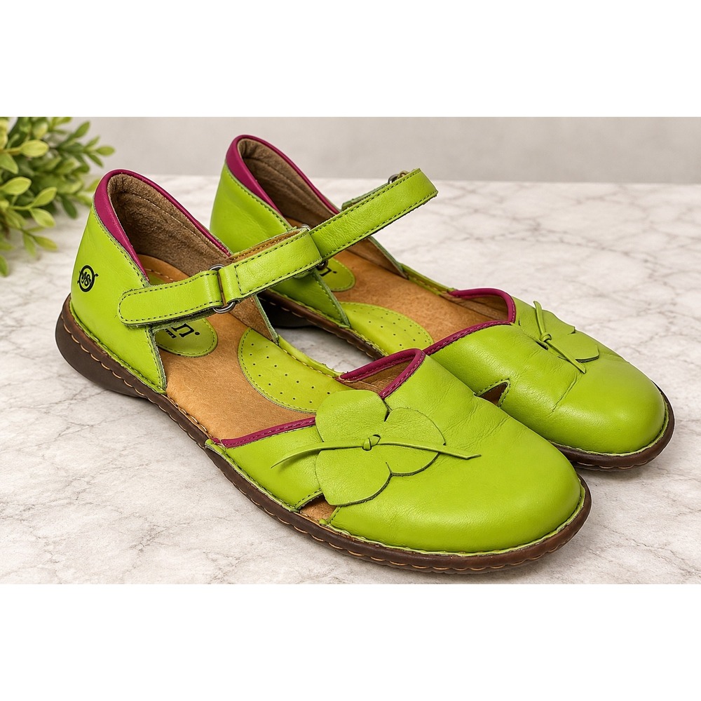 Born Green Leather Floral Mary Jane Flats Artsy Boho Festival Women's Size 8